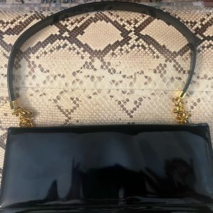 Vintage St John black patent leather shoulder bag,gold chain and leather strap